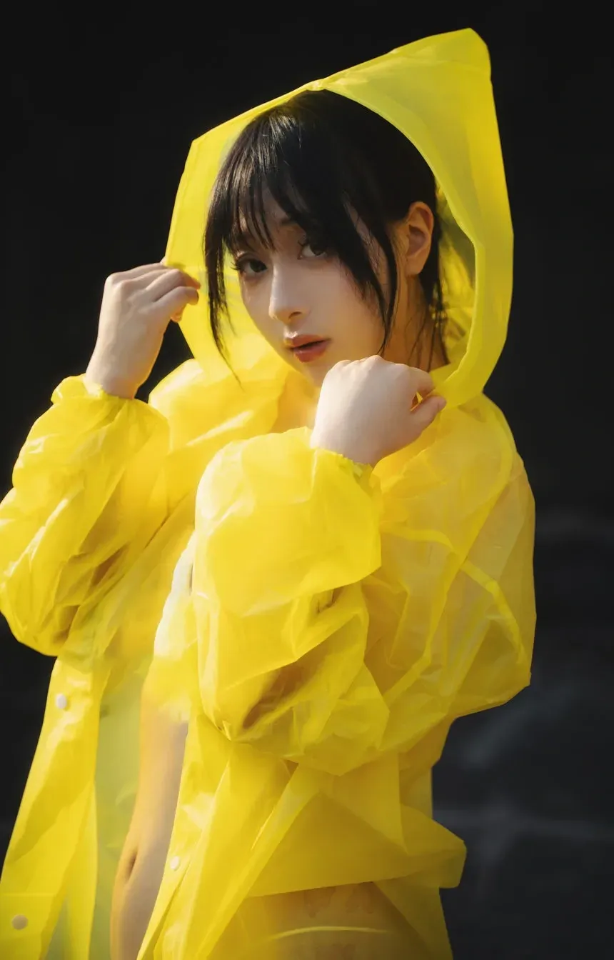 浅安安Yuki穿黄色透明雨衣戴着帽子靠近镜头,形成强烈色彩包裹效果