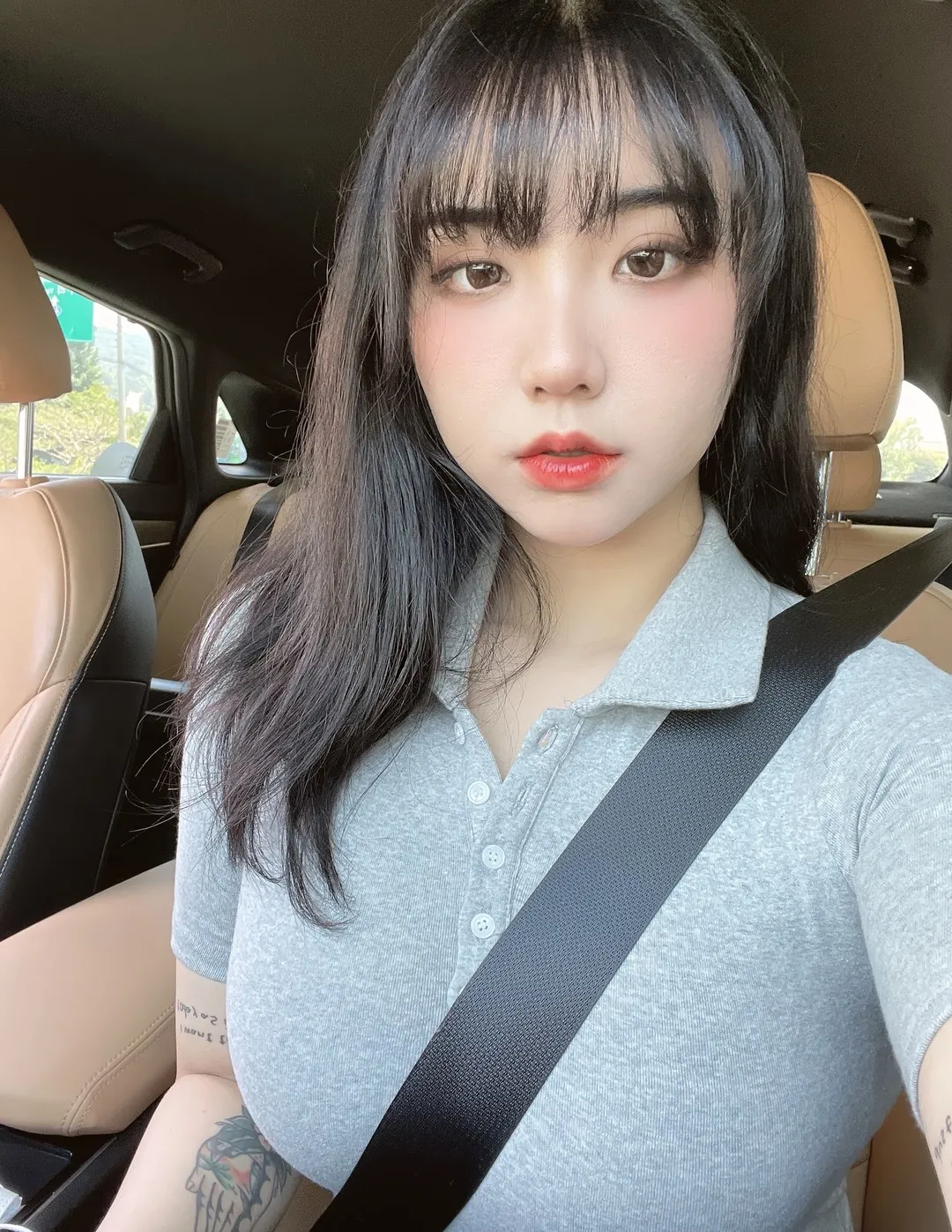 EchiH黑色长发灰色Polo衣车内自拍写真