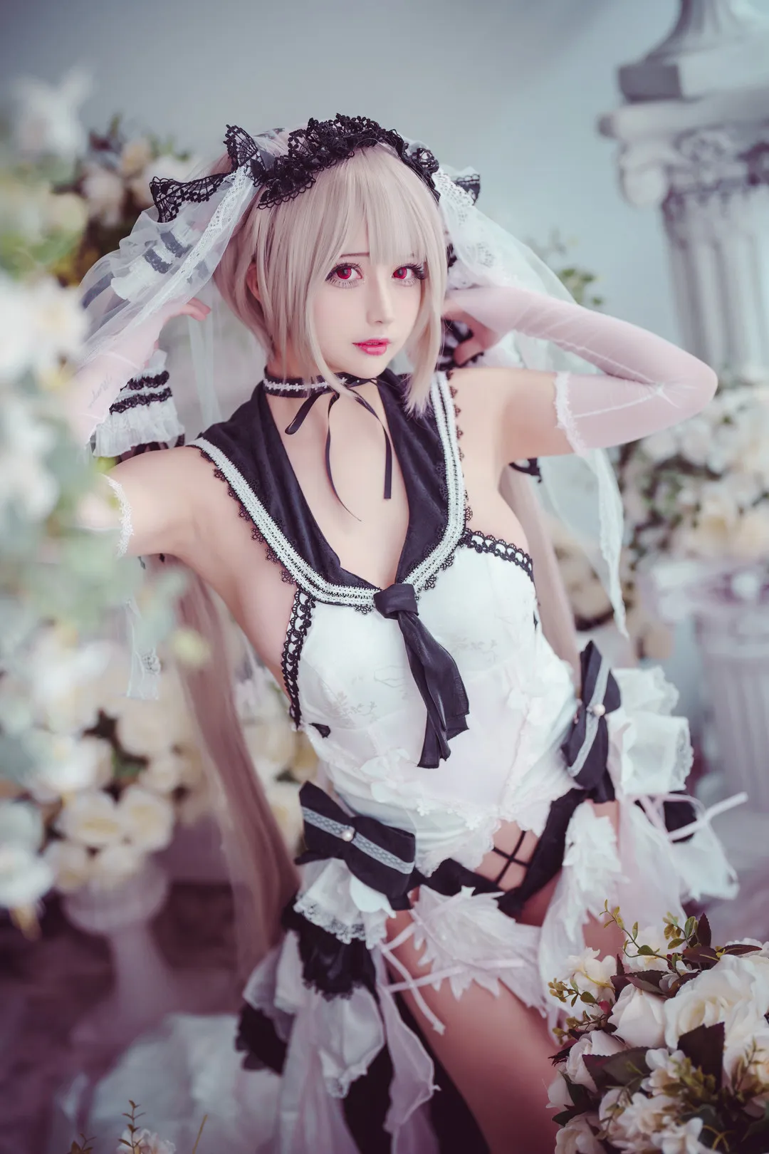 沖田凛花rinka浅金色短发白色蕾丝服饰花园cosplay写真
