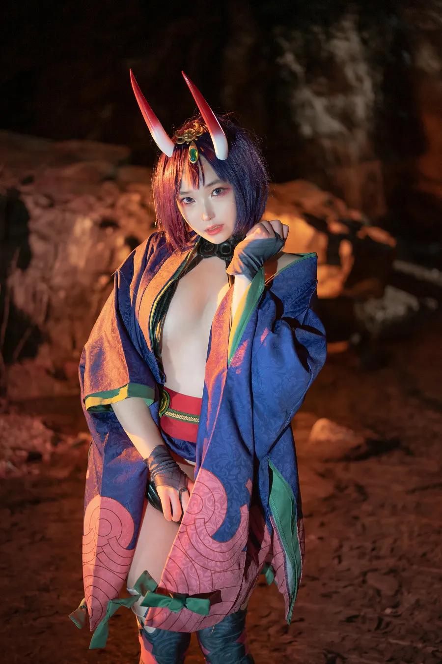 CreamSoda 紫色短发鬼角和风服装暗调cosplay写真