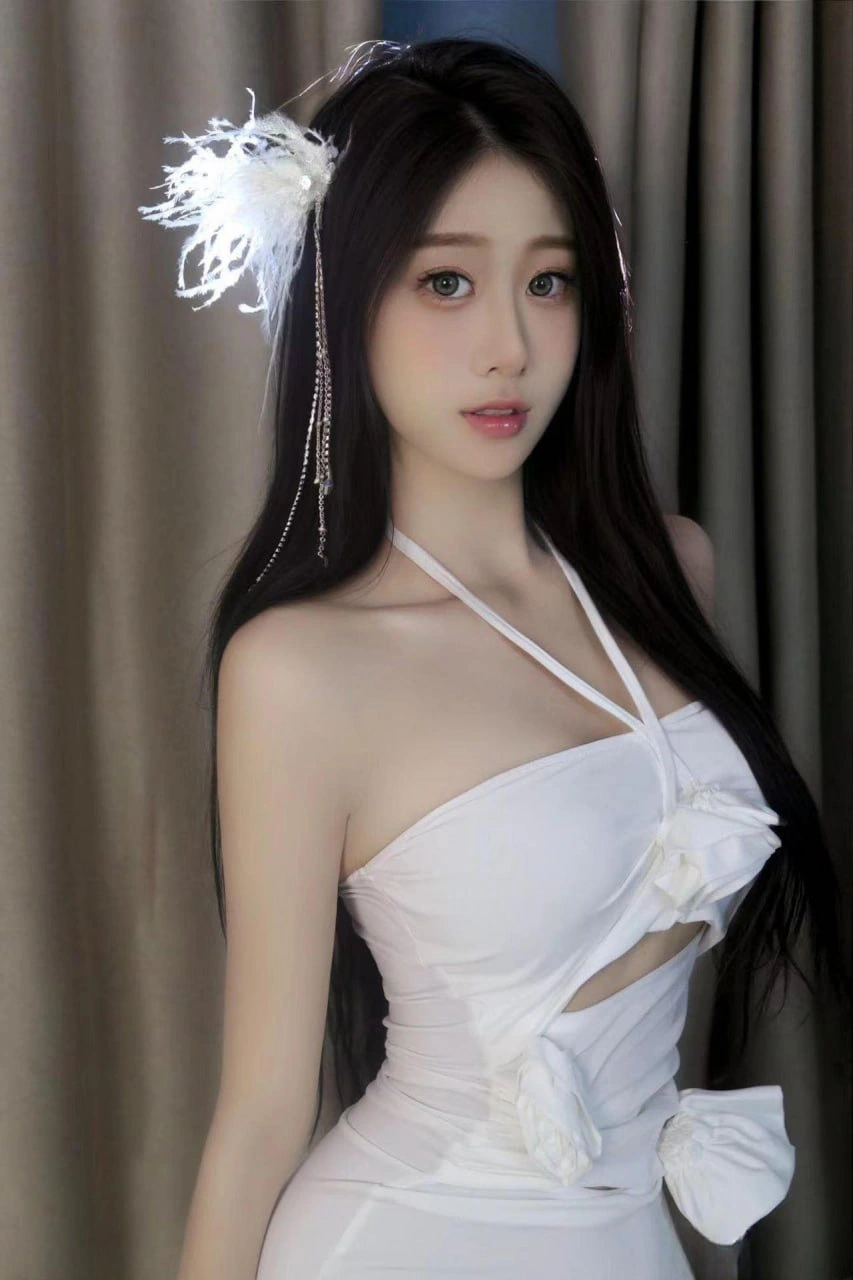 Bbiubiu呼 长发白色礼服羽毛发饰帘幕背景写真