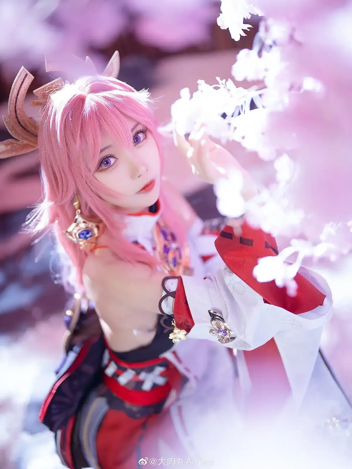 大肉丸ammiee 粉色长发红白角色服花枝前景近景cosplay写真