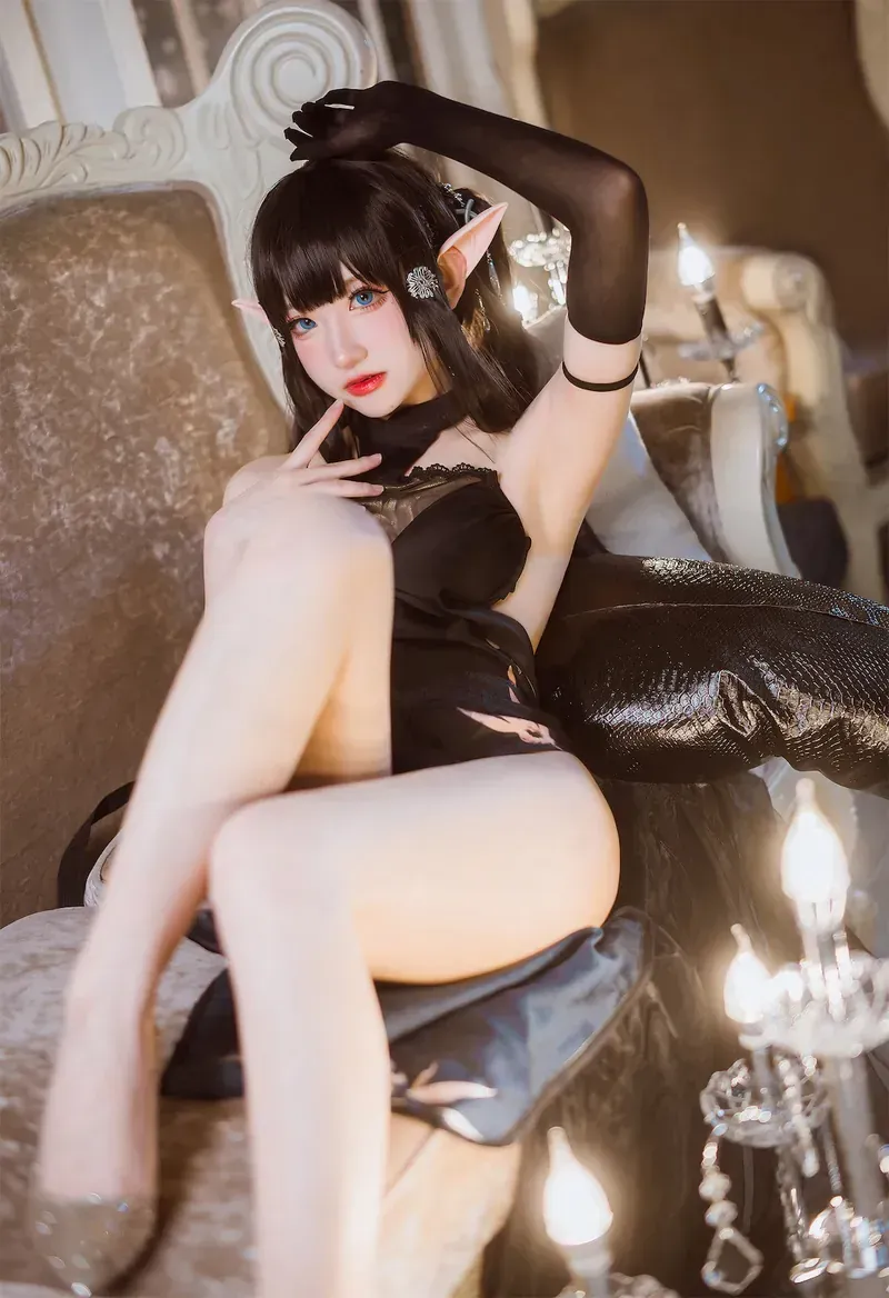 Vams子精灵耳黑色手套古典座椅cosplay写真