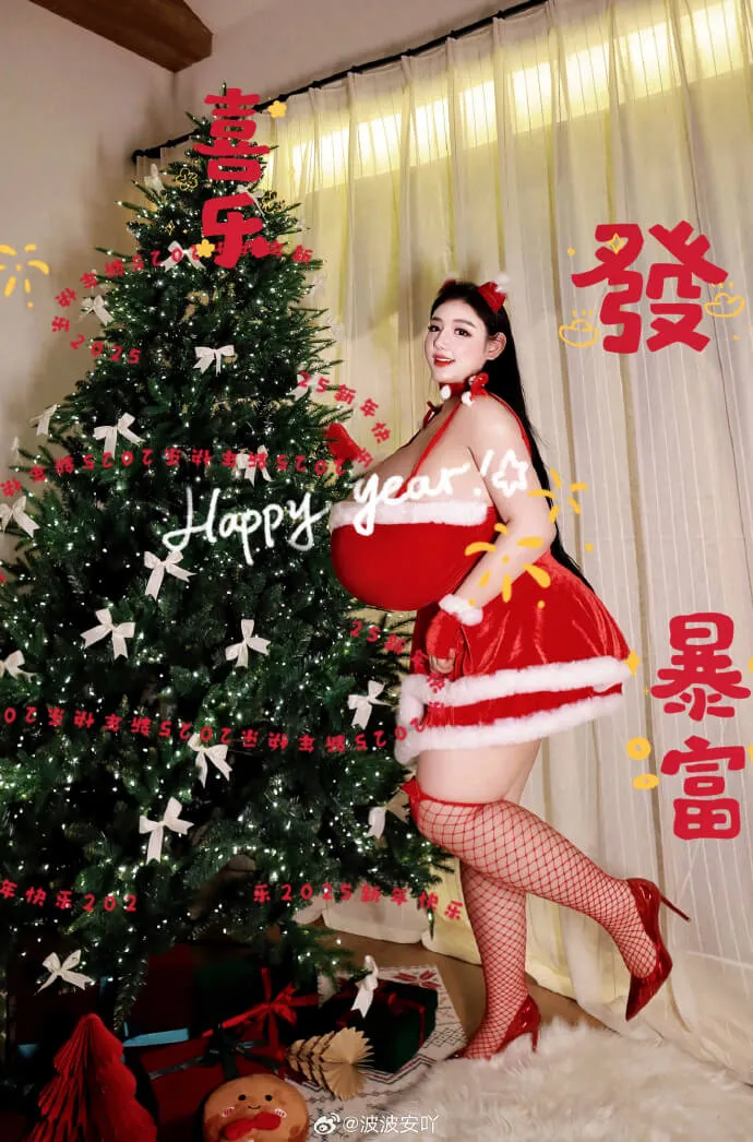 波波安吖红色节日服装室内写真