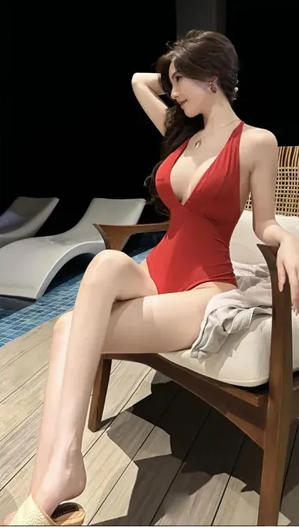 我才是岚岚穿红色泳装坐在泳池边椅子上的度假写真